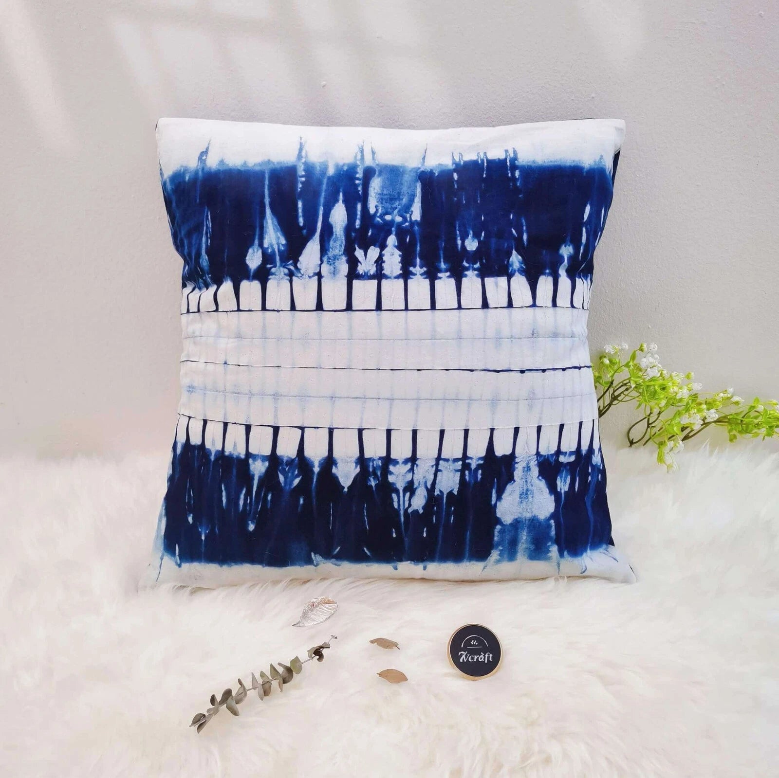 Plant Dyed Shibori Pillowcase, Indigo Tie Dye Cushion Cover, Cotton Linen 18''