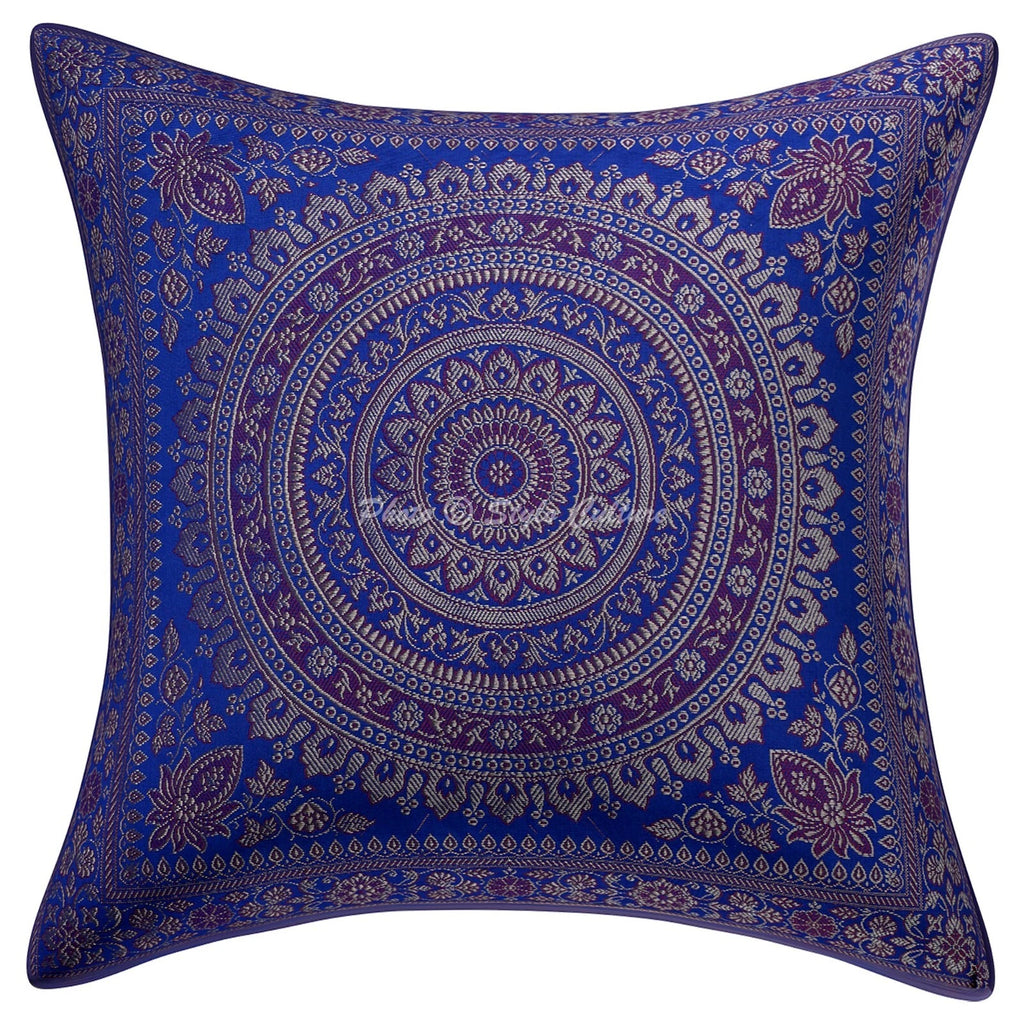 Boho Hippie Yoga Pillow Case Cushion Cover Blue Brocade Jacquard Meditation