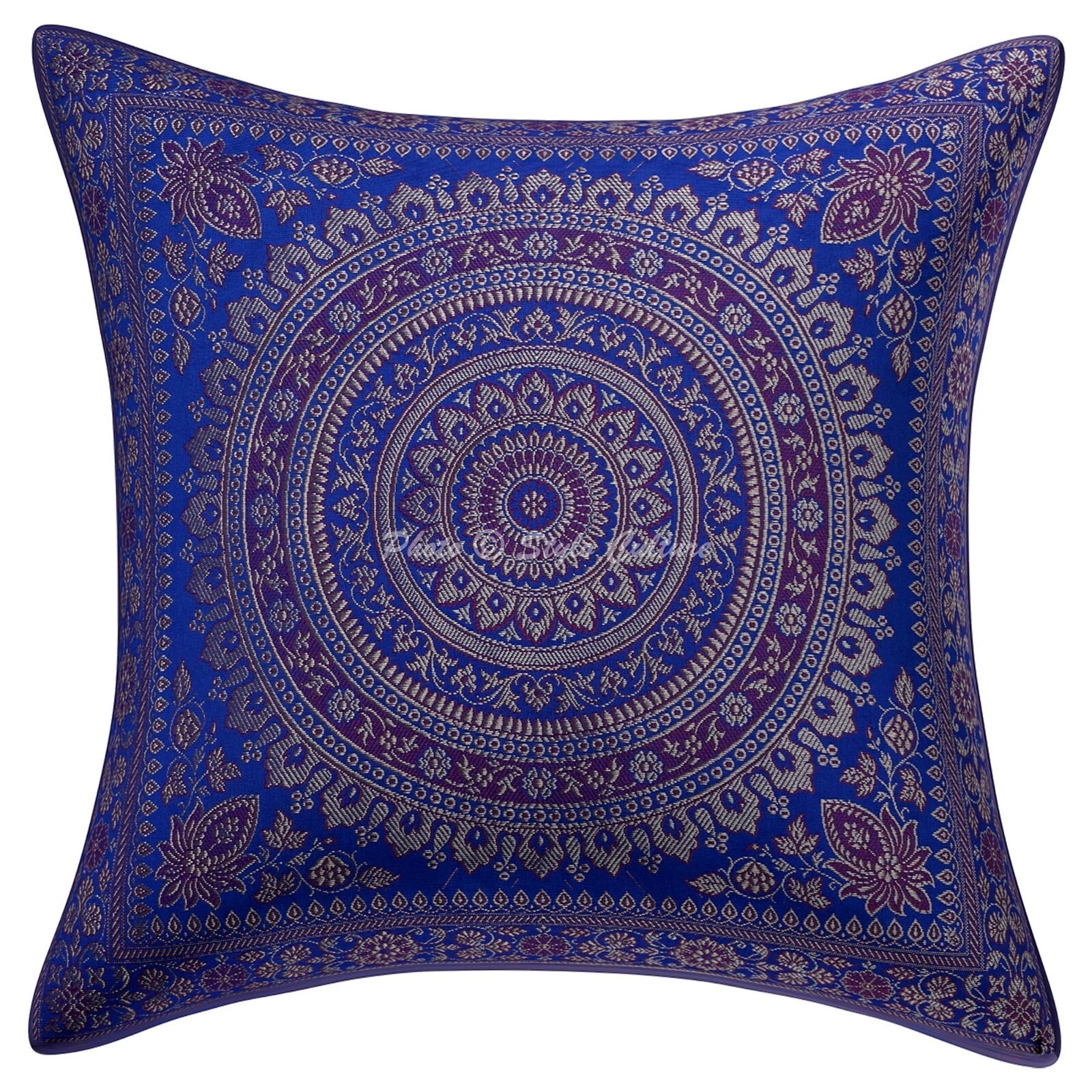 Boho Hippie Yoga Pillow Case Cushion Cover Blue Brocade Jacquard Meditation