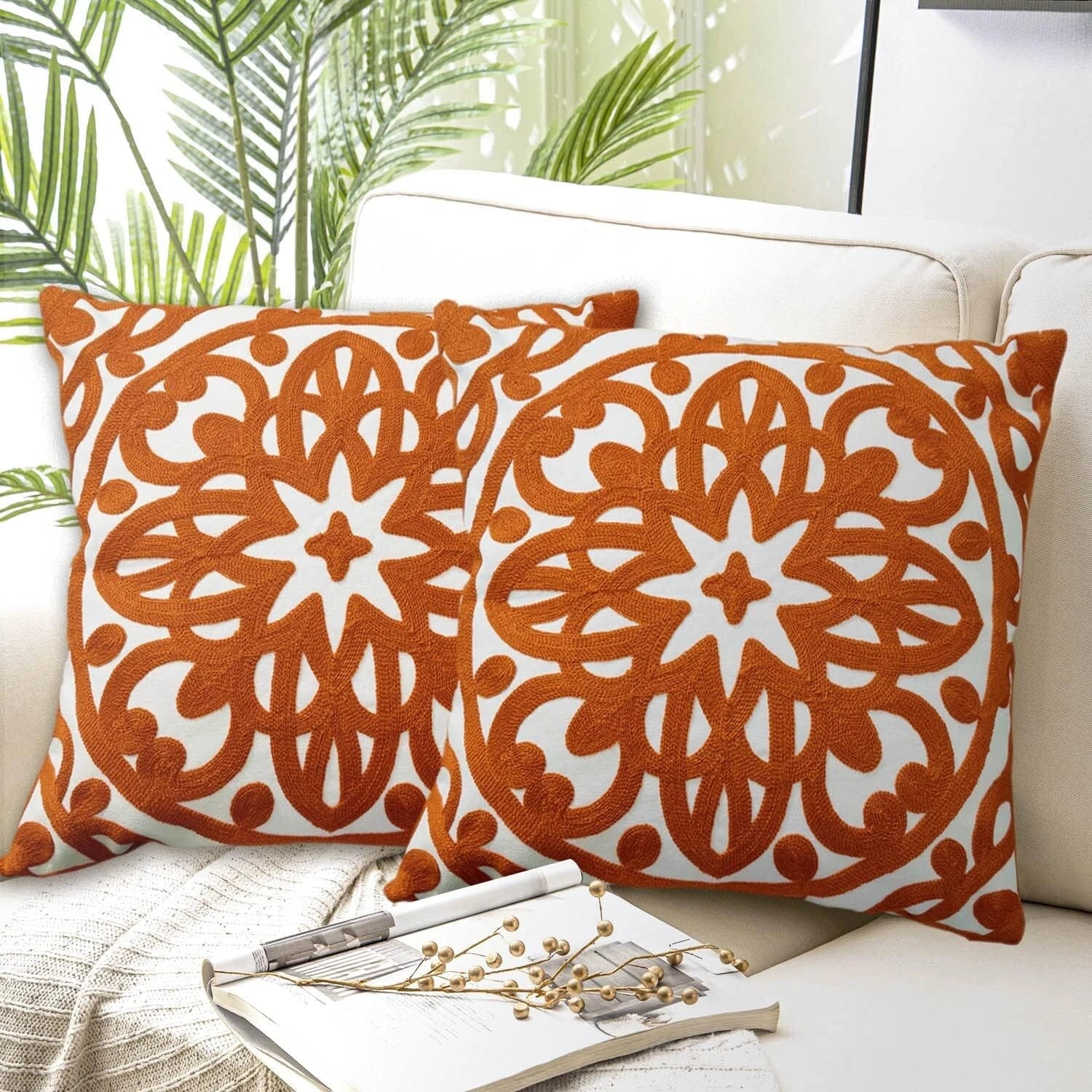 Stylish Mandala Embroidery Pillow Covers 18x18 - Set of 2 for Living Room