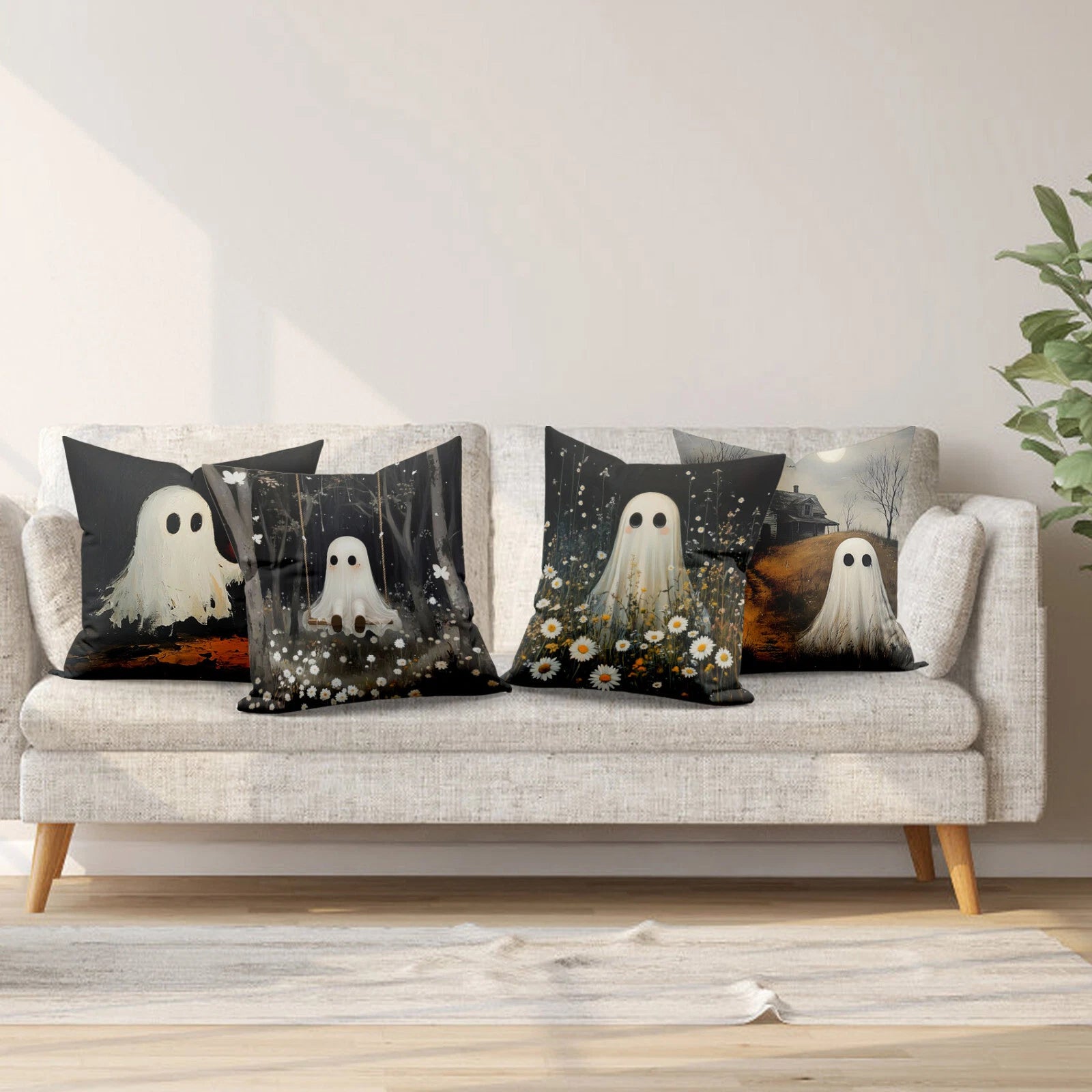 4pcs Vintage Spooky Ghost Halloween Pillow Case Cushion Cover Sofa Home Decor