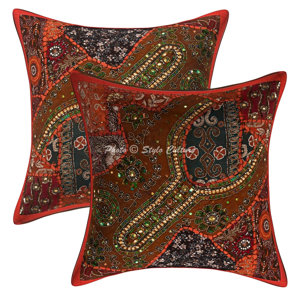 Boho Hippie Yoga Pillow Case Cushion Cover Orange Beaded Sequins Boho Meditation