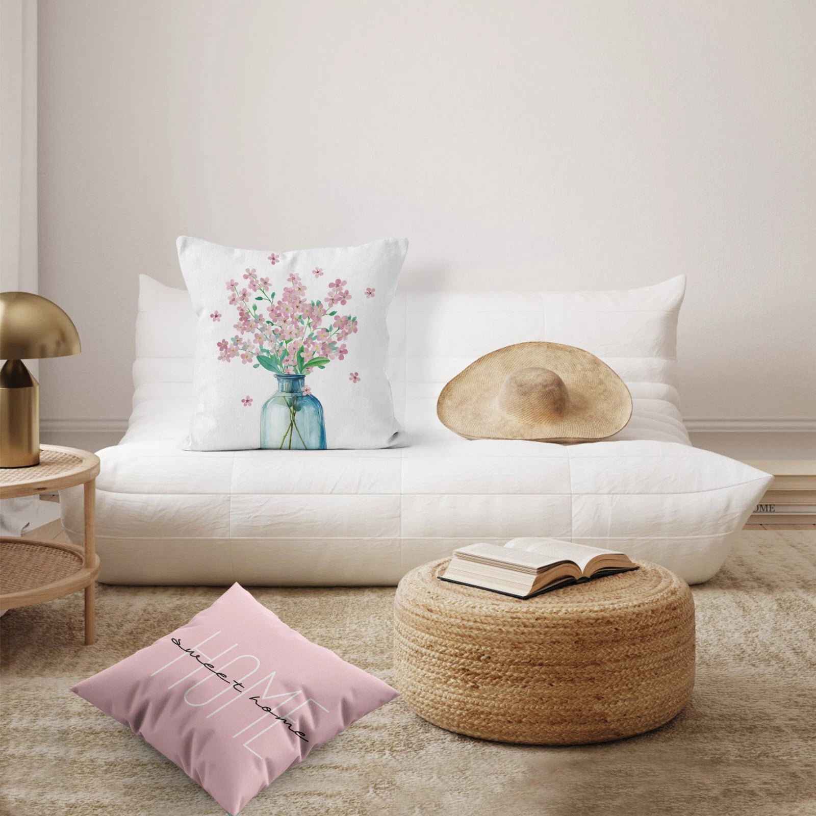 4pcs Botanical Green Leaf Pink Floral Pillow Case Cushion Cover Sofa Home Decor