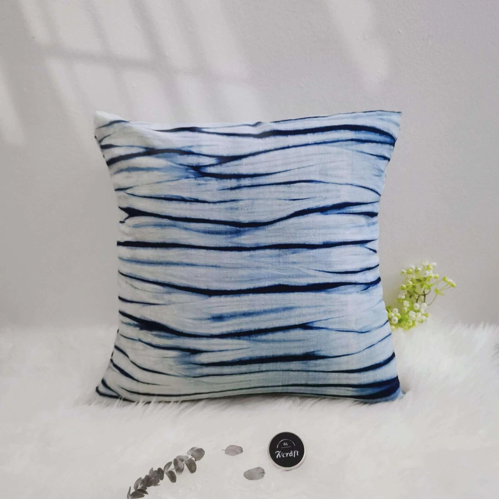 Indigo Tie-Dye Pillowcase,  Throw Cushion Cover, Shibori Heavy Cotton Linen 18''