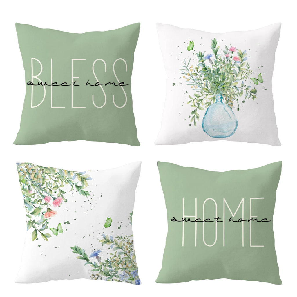 4pcs Butterfly Pink Wildflower Green Pillow Case Cushion Cover Sofa Home Decor