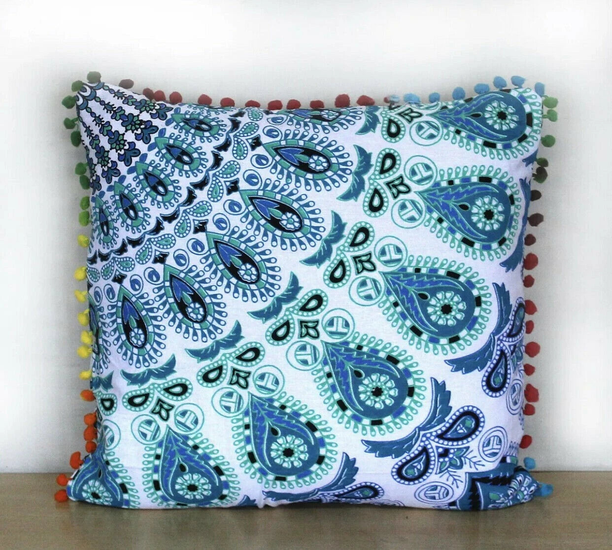 Peacock Mandala Cushion Covers pom pom Bohemian Cotton Sofa Bed Pillowcase 16"