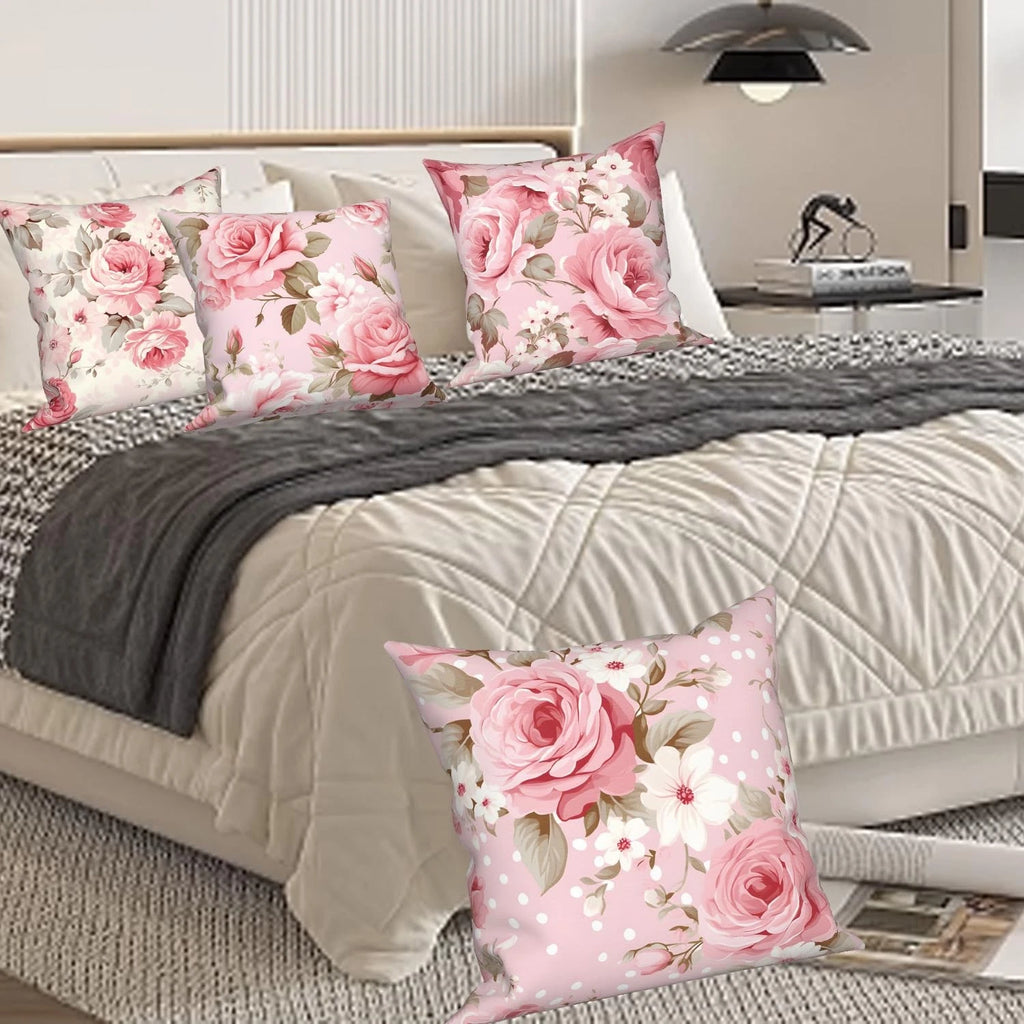 4 Pcs/Set Rose Flowers Pillow Covers Summer Floral Green Leaves Pink Watercol...