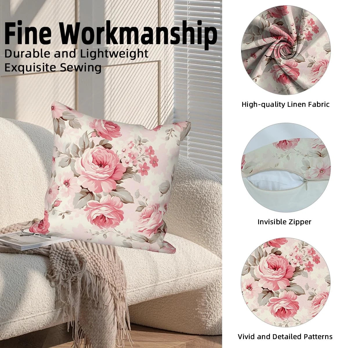 4 Pcs/Set Rose Flowers Pillow Covers Summer Floral Green Leaves Pink Watercol...