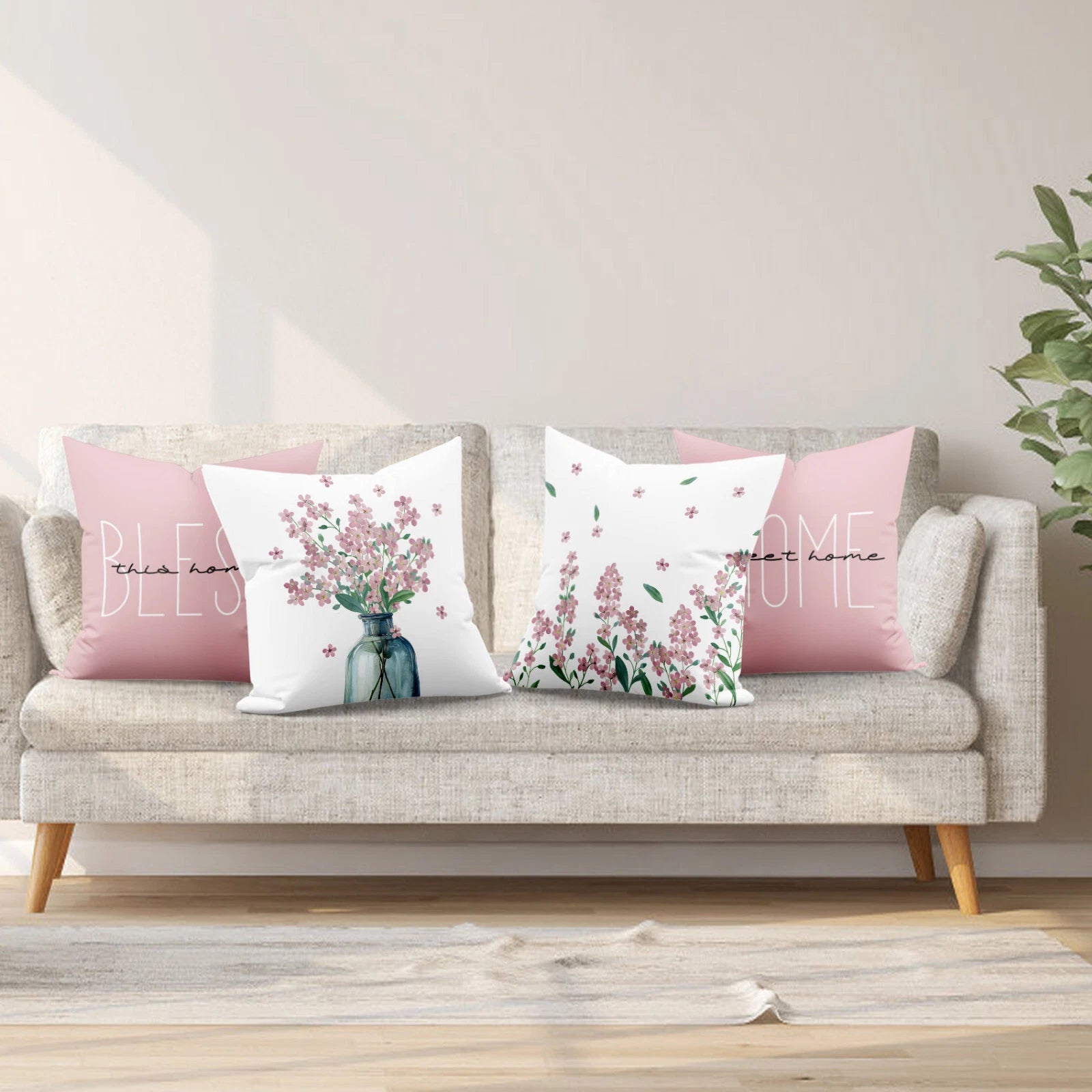 4pcs Botanical Green Leaf Pink Floral Pillow Case Cushion Cover Sofa Home Decor
