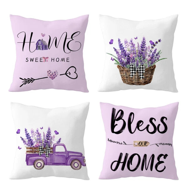 4pcs Vintage Truck Purple Floral Pillow Case Cushion Cover Sofa Home Decor