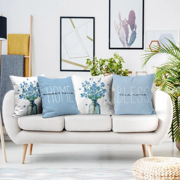 4pcs Botanical Green Leaf Blue Floral Pillow Case Cushion Cover Sofa Home Decor