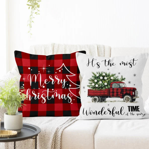4pcs Black Plaid Christmas Red Truck Pillow Case Cushion Cover Sofa Home Decor