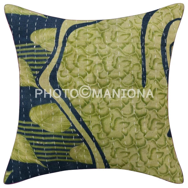 Kantha quilted Green Floral Throw kantha Pillow Cover sofa/bed decor cushion 2pc