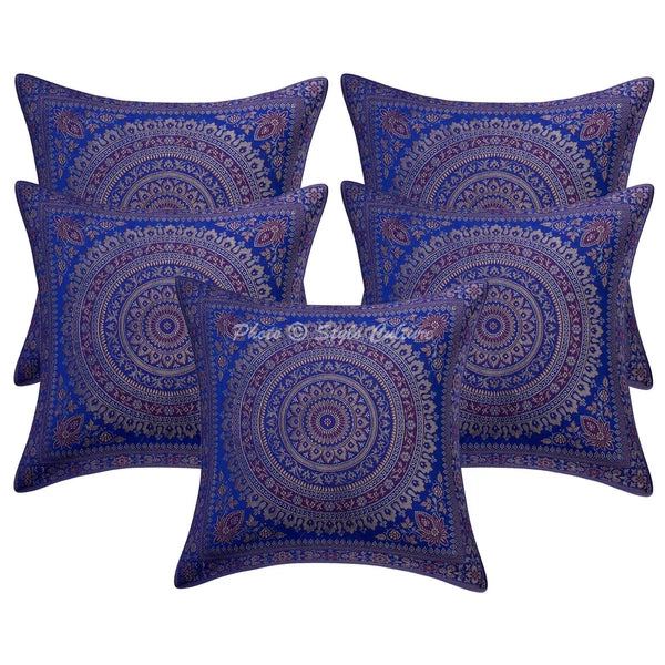 Boho Hippie Yoga Pillow Case Cushion Cover Blue Brocade Jacquard Meditation