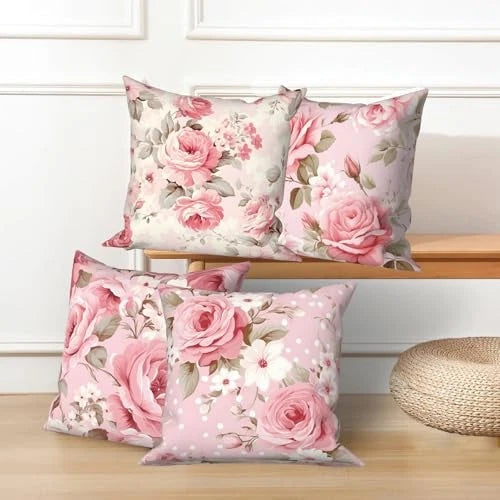 4 Pcs/Set Roses Throw Pillow Covers Spring Blooming 22" x 22" (Pack of 4) Pink