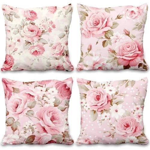 4 Pcs/Set Roses Throw Pillow Covers Spring Blooming 22" x 22" (Pack of 4) Pink