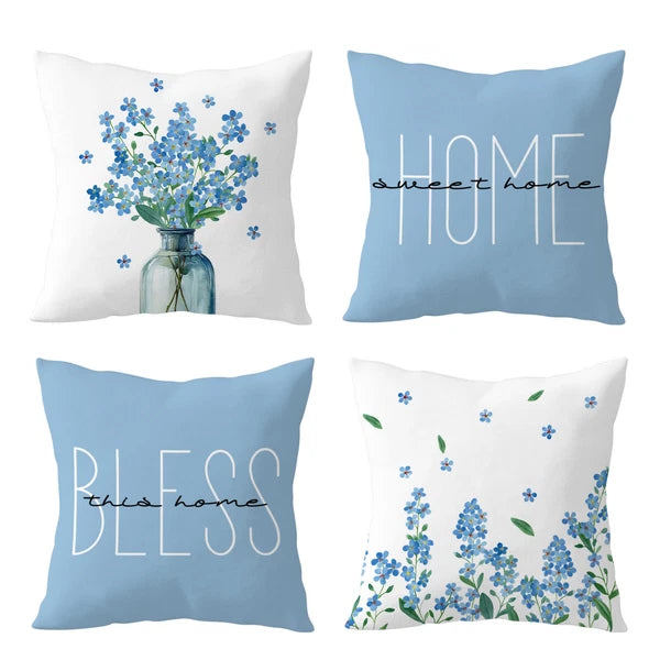 4pcs Botanical Green Leaf Blue Floral Pillow Case Cushion Cover Sofa Home Decor