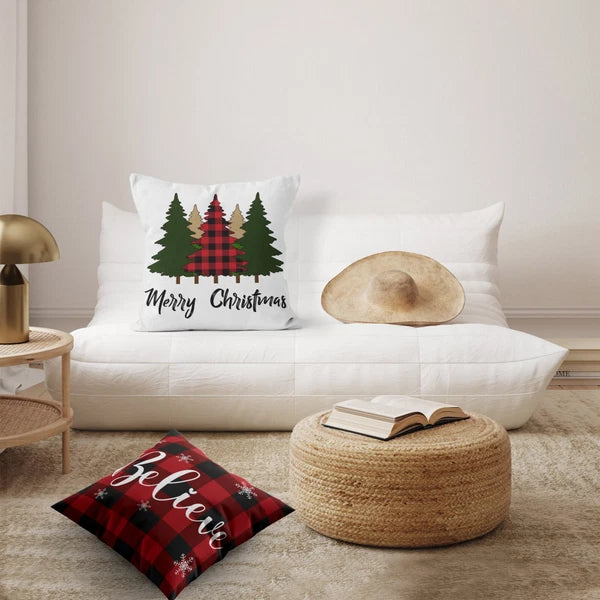 4pcs Black Plaid Christmas Red Truck Pillow Case Cushion Cover Sofa Home Decor