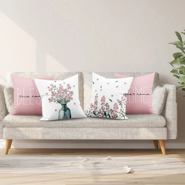 4pcs Botanical Green Leaf Pink Floral Pillow Case Cushion Cover Sofa Home Decor