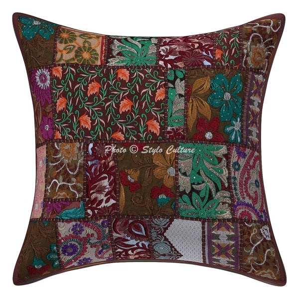Boho Hippie Yoga Pillow Case Cushion Cover Brown Vintage Patchwork Meditation