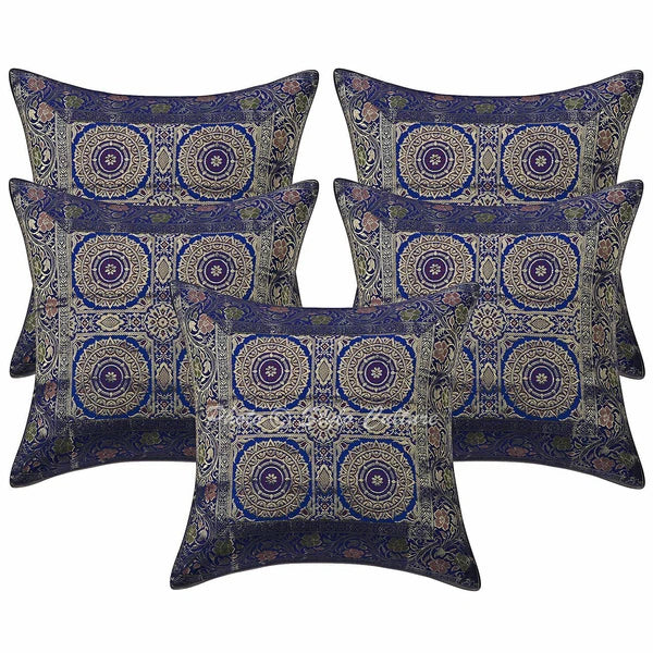 Indian Brocade Decorative Jacquard Pillow Covers Blue Mandala Sofa Cushion Cover