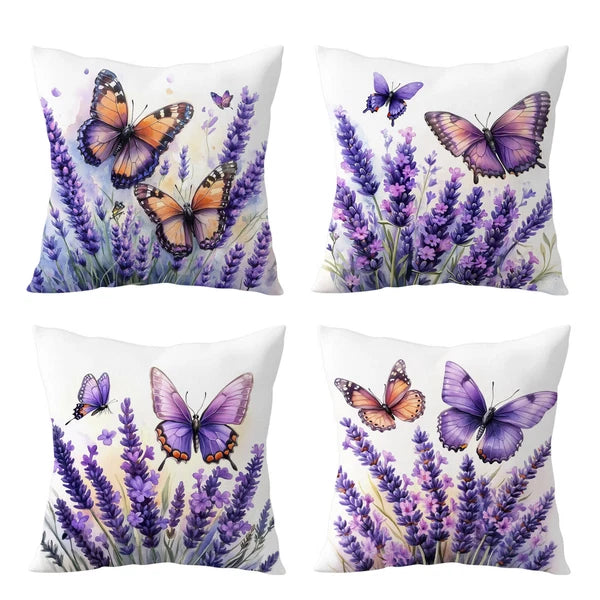 4pcs Butterfly Plant Purple Floral Pillow Case Cushion Cover Sofa Home Decor