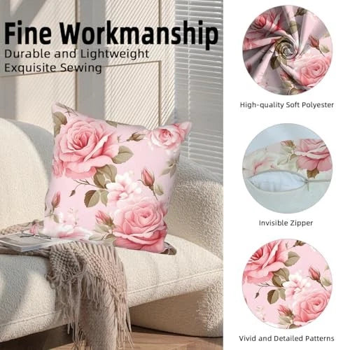4 Pcs/Set Roses Throw Pillow Covers Spring Blooming 22" x 22" (Pack of 4) Pink