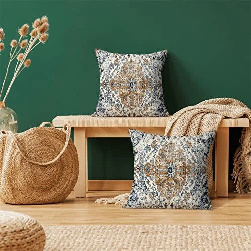 Boho Pillow Covers 20x20 Inch Set of 20" x 20" (Pack of 2) Gold Blue Boho