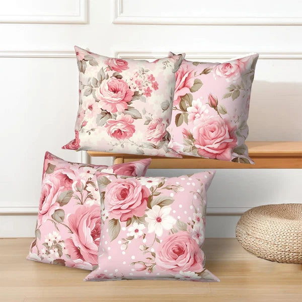 4 Pcs/Set Rose Flowers Pillow Covers Summer Floral Green Leaves Pink Watercol...