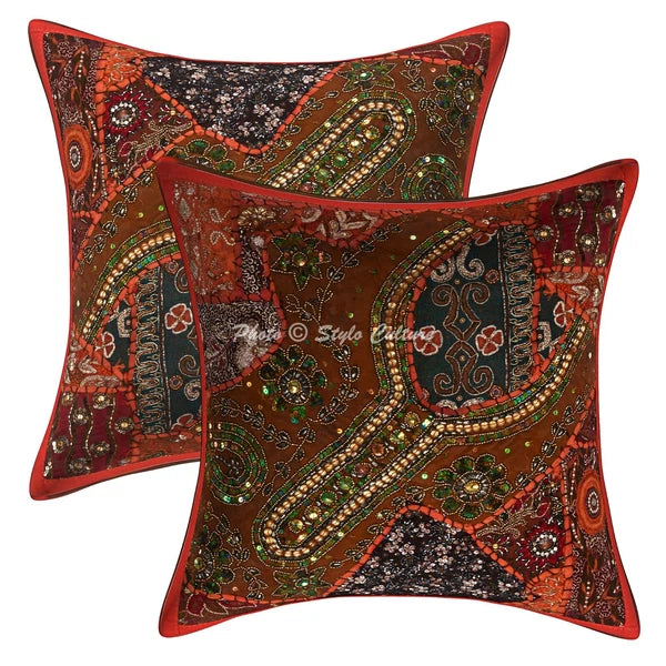 Boho Hippie Yoga Pillow Case Cushion Cover Orange Beaded Sequins Boho Meditation