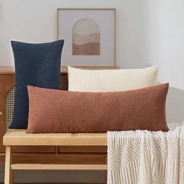 Boucle Decorative Lumbar Pillow Covers 14x36 Beige Textured Body Pillowcase N...
