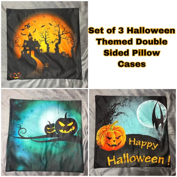 Set Of 3 Halloween Pillow Cases Double Sided Sofa Pumpkin Throw Cushion Cover