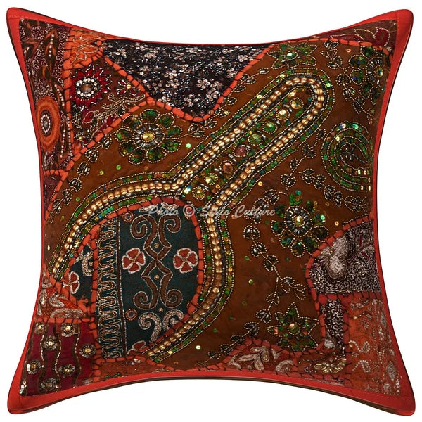 Boho Hippie Yoga Pillow Case Cushion Cover Orange Beaded Sequins Boho Meditation