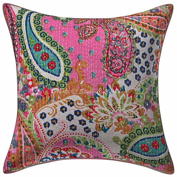Handmade Paisley Sofa Cushion Cover Indian Kantha Pillow Case Cover 16" Throw