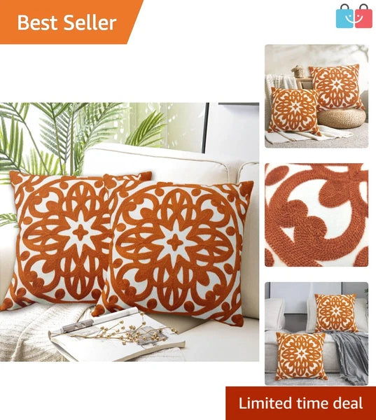 Stylish Mandala Embroidery Pillow Covers 18x18 - Set of 2 for Living Room