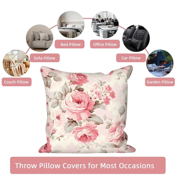 4 Pcs/Set Rose Flowers Pillow Covers Summer Floral Green Leaves Pink Watercol...