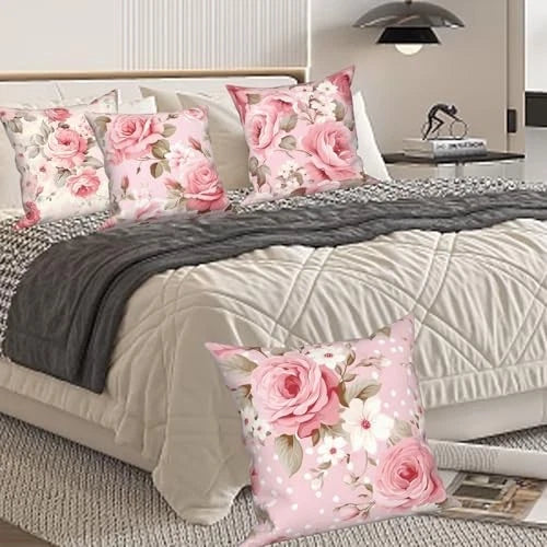 4 Pcs/Set Roses Throw Pillow Covers Spring Blooming 22" x 22" (Pack of 4) Pink