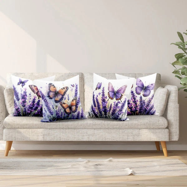 4pcs Butterfly Plant Purple Floral Pillow Case Cushion Cover Sofa Home Decor