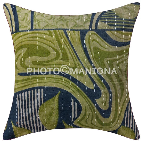 Kantha quilted Green Floral Throw kantha Pillow Cover sofa/bed decor cushion 2pc