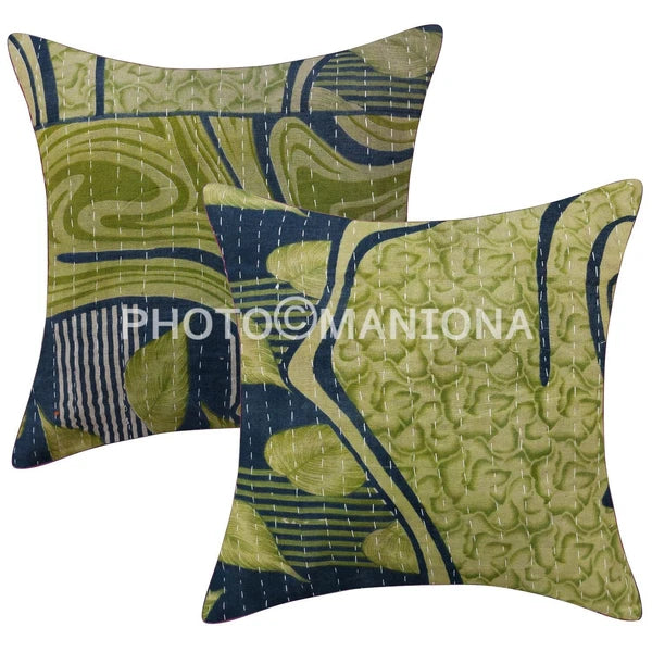 Kantha quilted Green Floral Throw kantha Pillow Cover sofa/bed decor cushion 2pc