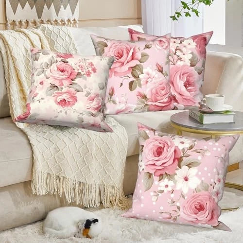 4 Pcs/Set Roses Throw Pillow Covers Spring Blooming 22" x 22" (Pack of 4) Pink