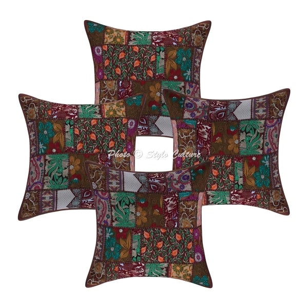 Boho Hippie Yoga Pillow Case Cushion Cover Brown Vintage Patchwork Meditation