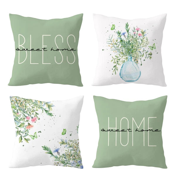 4pcs Butterfly Pink Wildflower Green Pillow Case Cushion Cover Sofa Home Decor