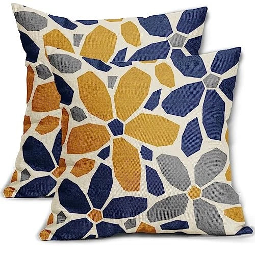 Grey Gray Pillow Covers 18x18 Set of 2 18" x 18" (Pack of 2) Navy Blue Yellow