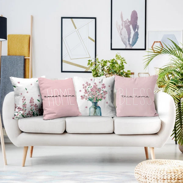 4pcs Botanical Green Leaf Pink Floral Pillow Case Cushion Cover Sofa Home Decor
