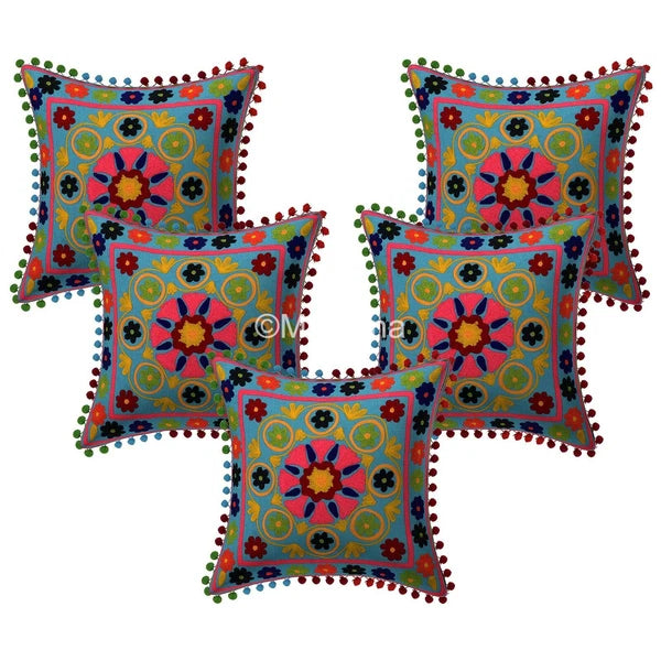 Turquoise Colorful Suzani Cushion Cover Floral Set of 2 pcs Bed/Sofa Decorative