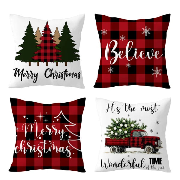 4pcs Black Plaid Christmas Red Truck Pillow Case Cushion Cover Sofa Home Decor