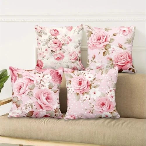 4 Pcs/Set Roses Throw Pillow Covers Spring Blooming 22" x 22" (Pack of 4) Pink