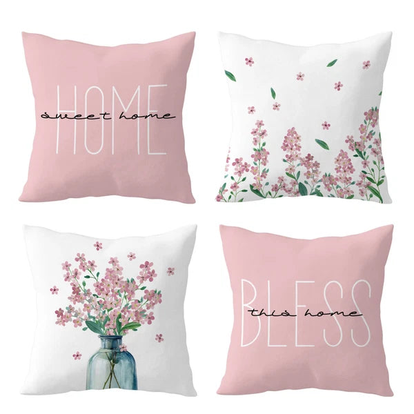 4pcs Botanical Green Leaf Pink Floral Pillow Case Cushion Cover Sofa Home Decor