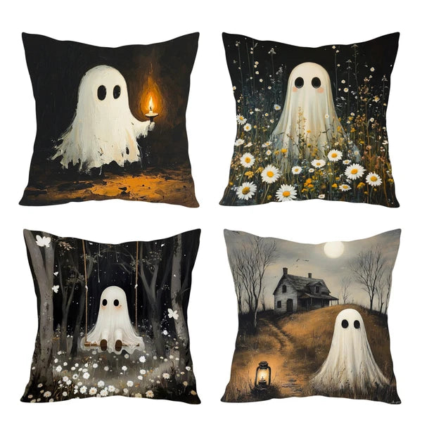 4pcs Vintage Spooky Ghost Halloween Pillow Case Cushion Cover Sofa Home Decor